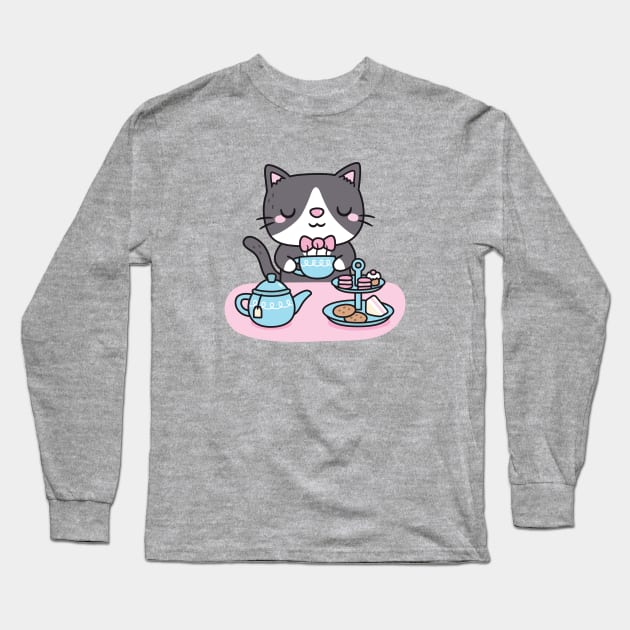 Cute Tuxedo Cat Enjoying Afternoon Tea Pastries And Snacks Long Sleeve T-Shirt by rustydoodle